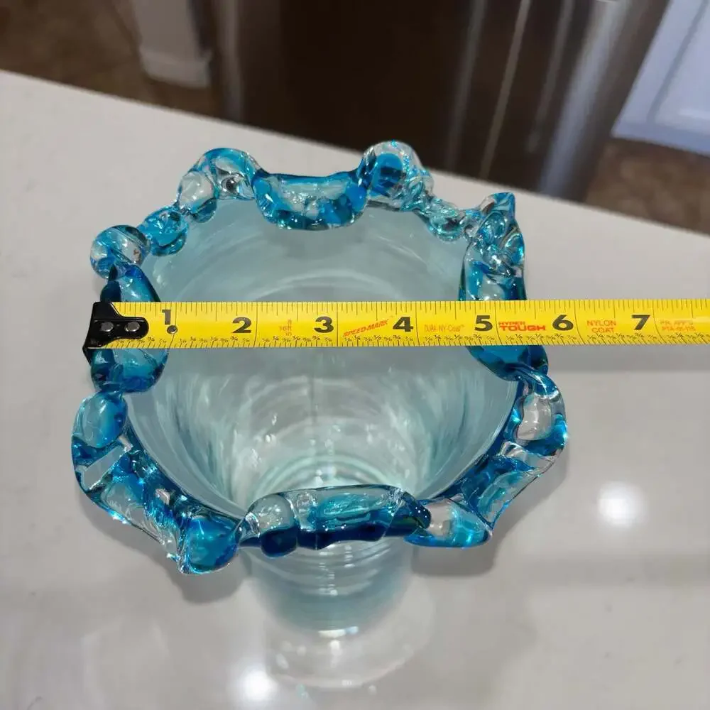 Vintage Hand Blown Ruffled Ocean Blue Crest Vase 12”
